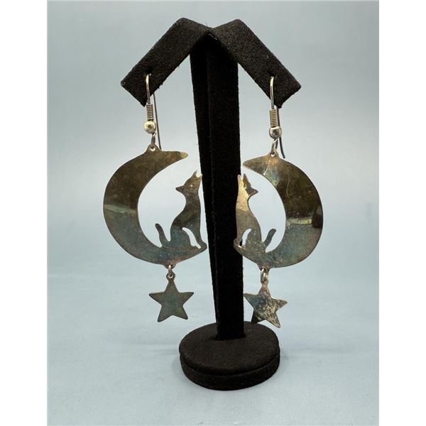 Sterling Silver Coyote & Moon Earrings