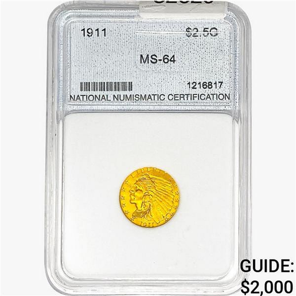 1911 $2.50 Gold Quarter Eagle NNC MS64