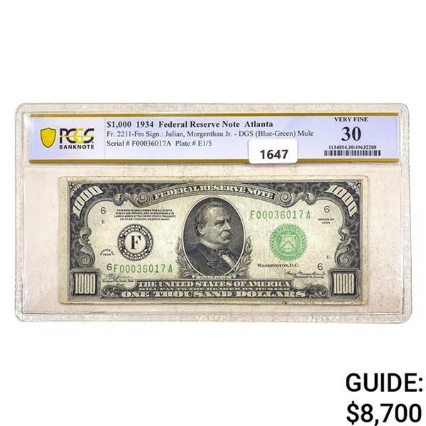 1934 $1000 Federal Reserve Note-Atlanta PCGS VF30