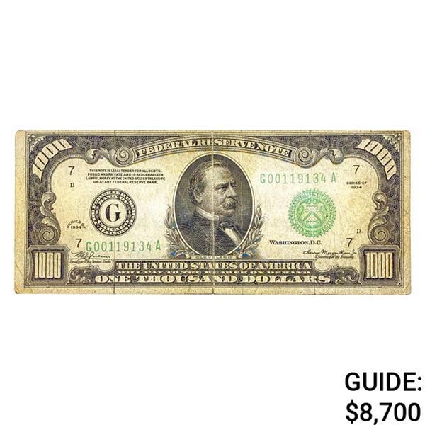 1934 U.S. $1000 Federal Reserve Note Fine+