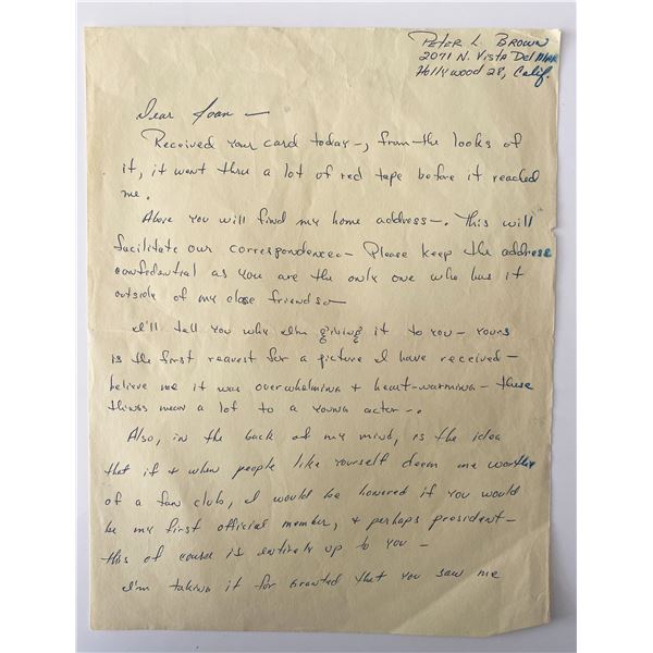 Actor Peter Brown signed letter