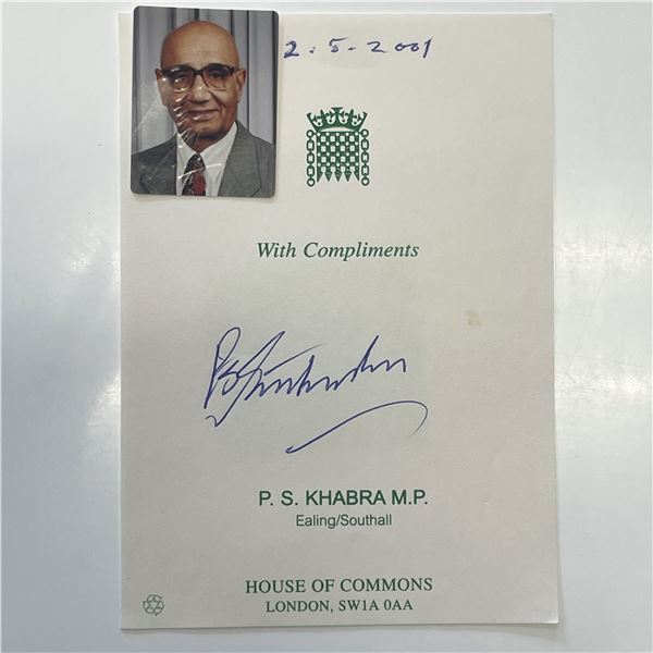 British Labour politician Piara Khabra signed note with photo