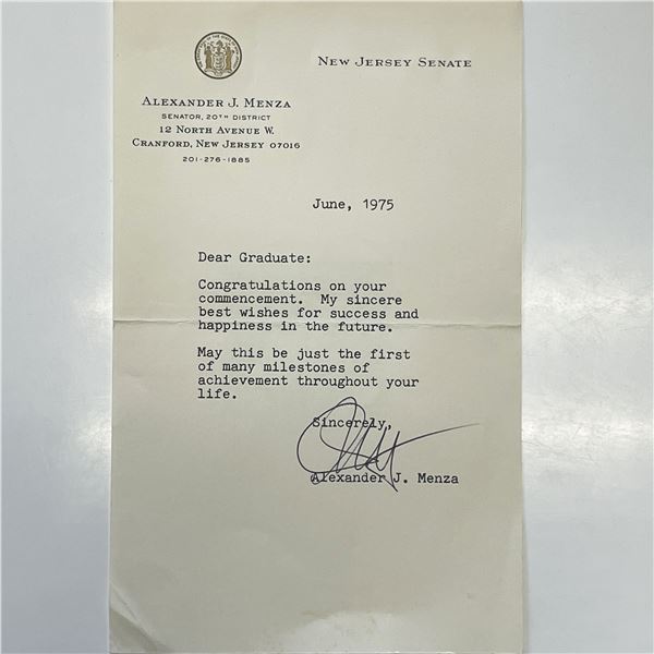 American Politician Alexander J. Menza signed letter