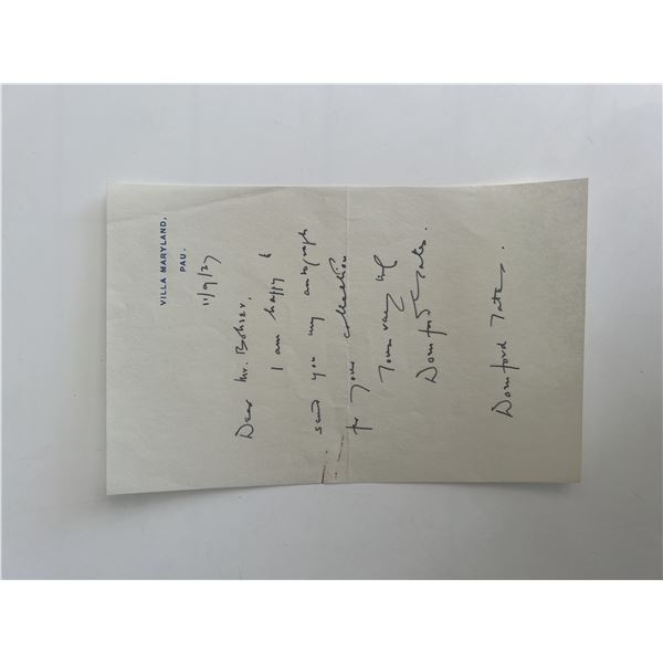 Author Dornford Yates personal note