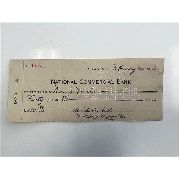 Governor of New York David B. Hill 1906 check