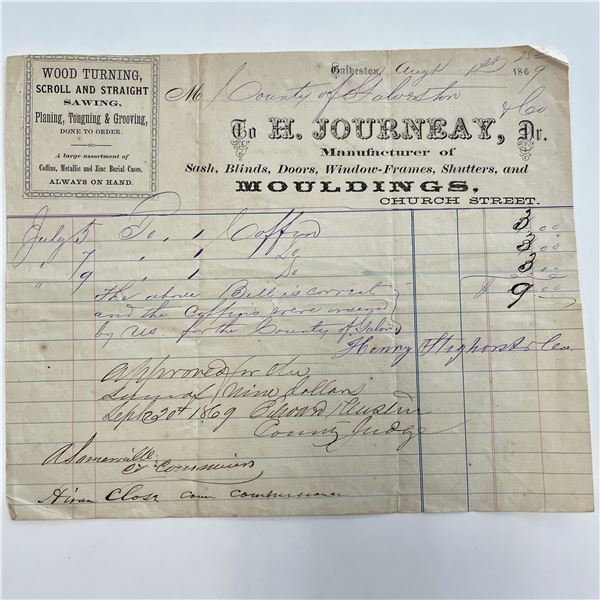 1869 H. Journeay Galveston signed goods receipt