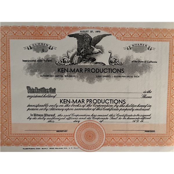 Ken-Mar Productions stock certificate. 8x11 inches