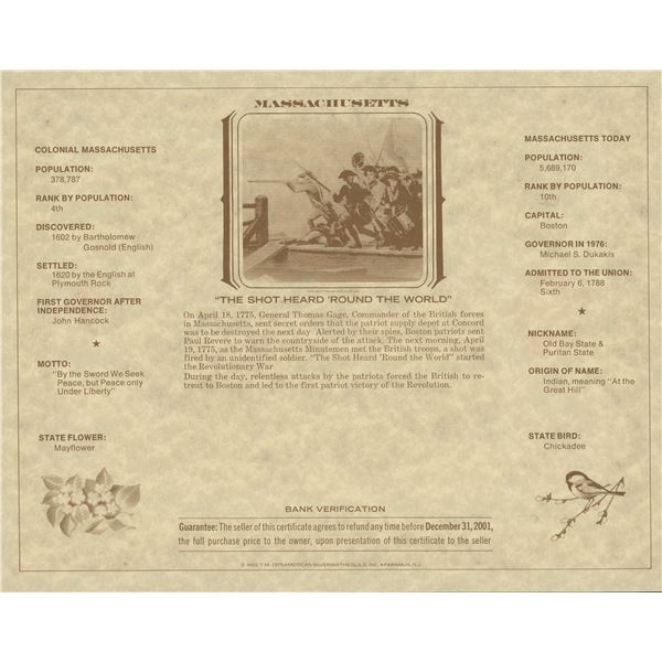 American Revolution Bicentennial Commemorative One Dollar Certificate, Massachusetts