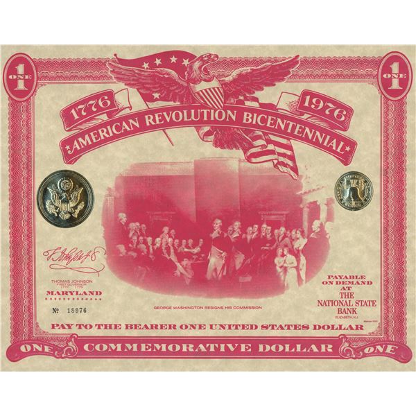 American Revolution Bicentennial Commemorative One Dollar Certificate, Maryland