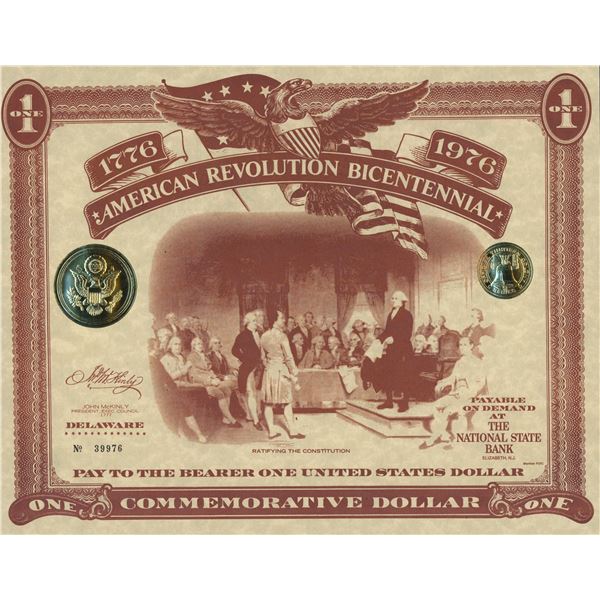 American Revolution Bicentennial Commemorative One Dollar Certificate, Delaware