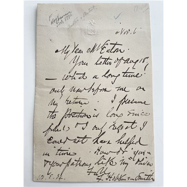 Author Francis Hopkinson Smith signed letter