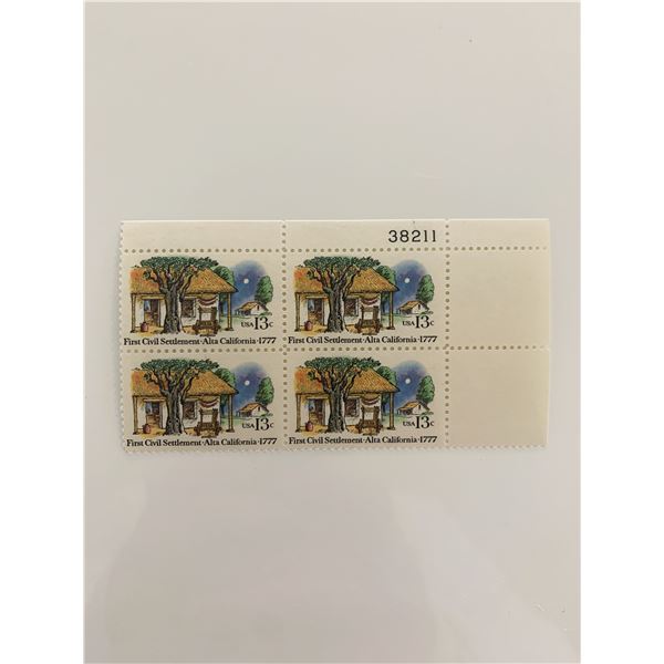 1977 13c First Civil Settlement: Alta, California Plate Block of Stamps