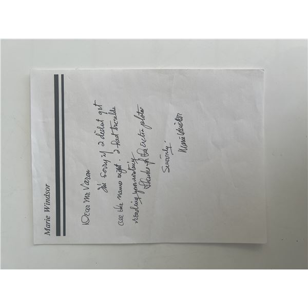 Actress Marie Windsor handwritten signed note