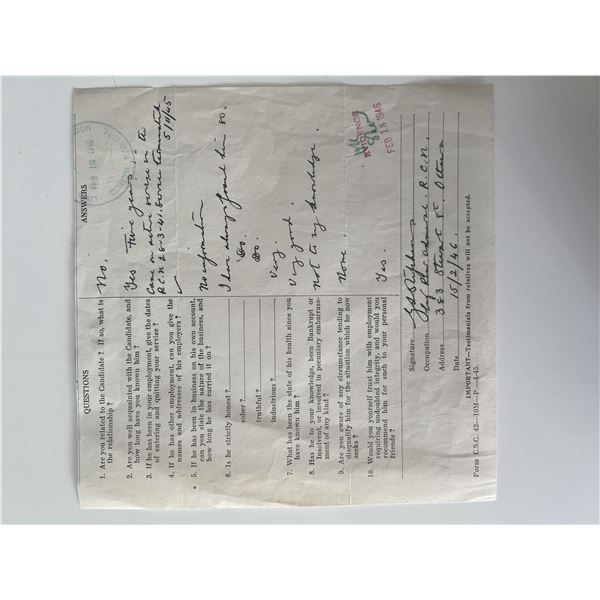 Admiral George Stephens  signed Q&A form