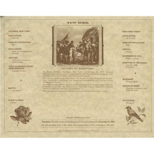 American Revolution Bicentennial Commemorative One Dollar Certificate, New York