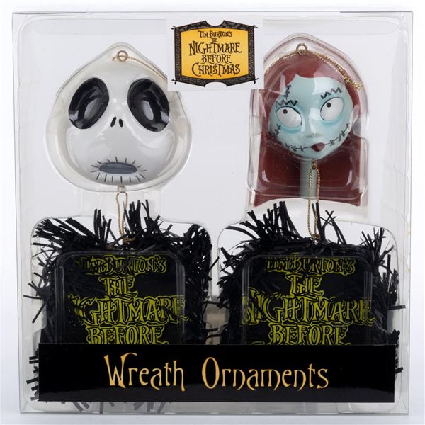 A Jack Skellington and Sally Wreath Ornament Set.