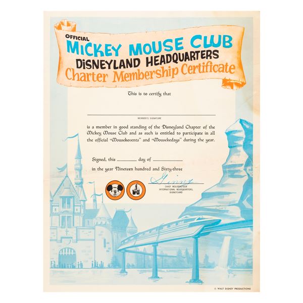 An Unused Mickey Mouse Club Charter Membership Certificate.
