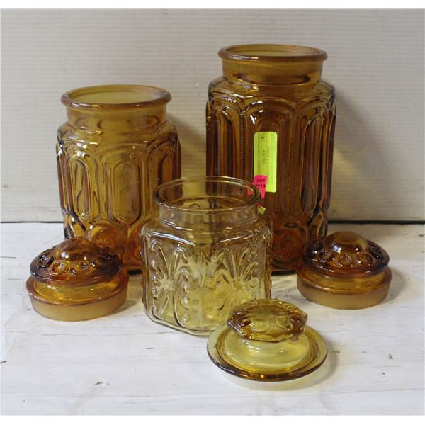 VINTAGE HEAVY AMBER DEPRESSION GLASS CANISTER SET