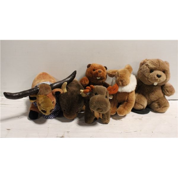 BOX OF 6 STUFFED ANIMALS, BUFFALO, BULL & MORE