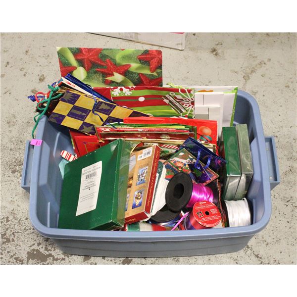 TOTE OF CHRISTMAS CARDS, LOTS OF RIBBON, TAGS,