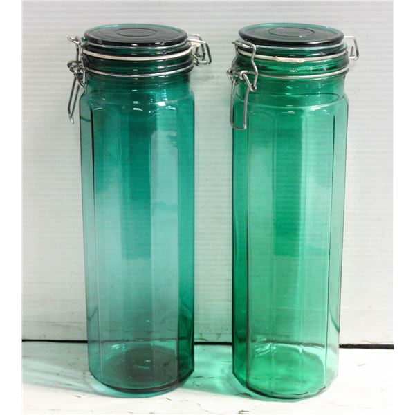 SET OF TWO, 13" GREEN GLASS CANISTERS
