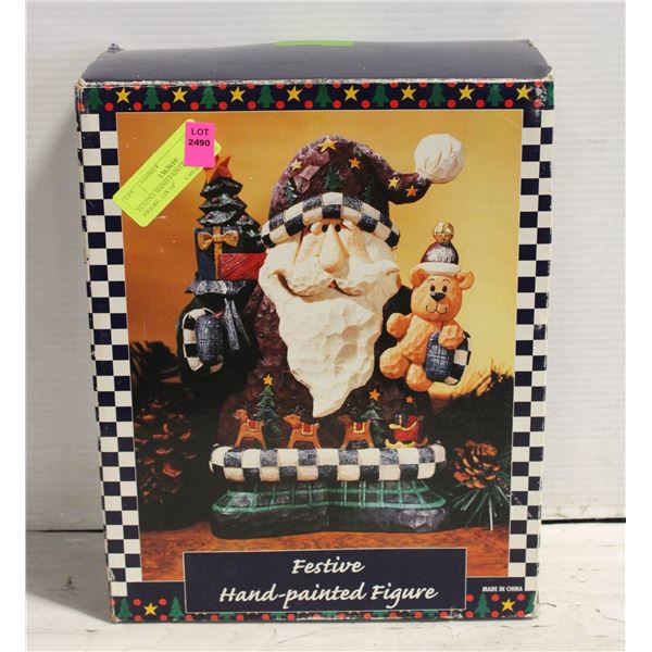 FESTIVE HAND PAINTED SANTA FIGURE. 13X 10"