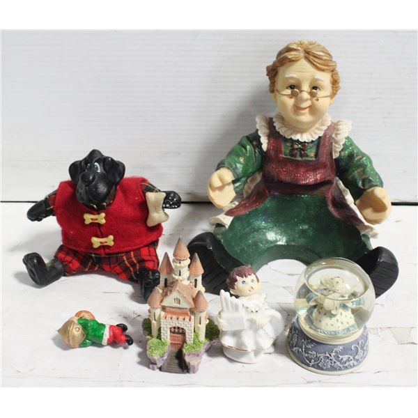 VARIOUS VINTAGE FIGURINES AND SNOW GLOBE