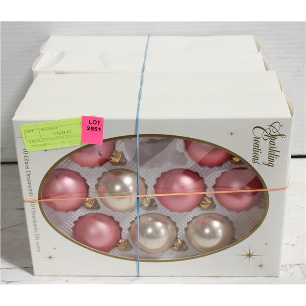 4 BOXES PINK/GOLD GLASS ORNAMENTS (1 MISSING)