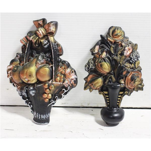 PAIR OF VINTAGE CHALKWARE BASKET WALL DECOR ITEMS