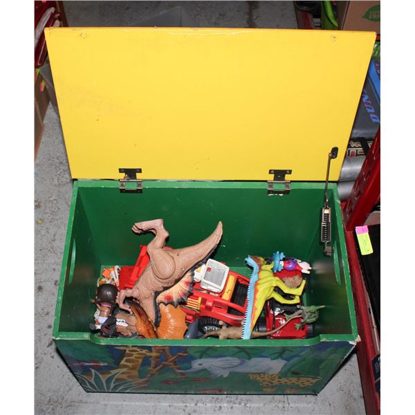 WOODEN BOX WITH ASSORTED TOYS