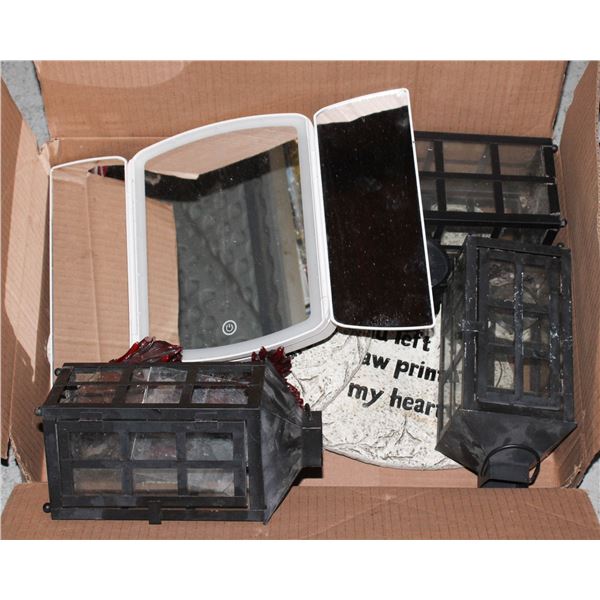 FLAT OF DECORATIVE ITEMS AND CANDLE HOLDERS