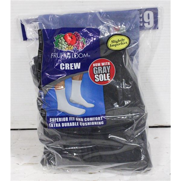 BLACK CREW SOCKS 12-16 SIZE 6-PACK FRUIT OF LOOM