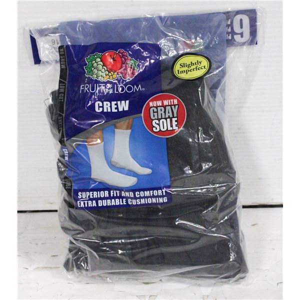 BLACK CREW SOCKS 12-16 SIZE 6-PACK FRUIT OF LOOM