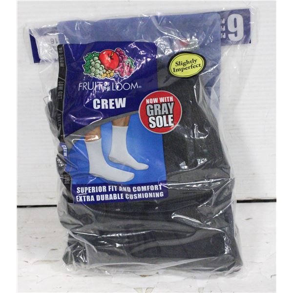 BLACK CREW SOCKS 12-16 SIZE 6-PACK FRUIT OF LOOM