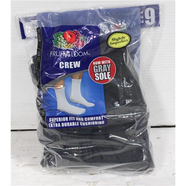 BLACK CREW SOCKS 12-16 SIZE 6-PACK FRUIT OF LOOM