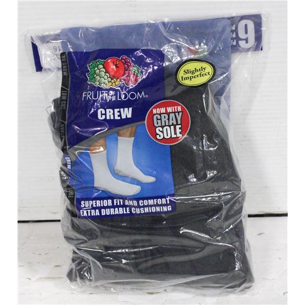 BLACK CREW SOCKS 12-16 SIZE 6-PACK FRUIT OF LOOM