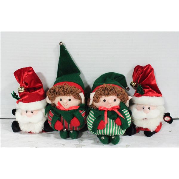 PAIR OF ANIMATED SANTAS WITH 2 DECORATIVE ELFS