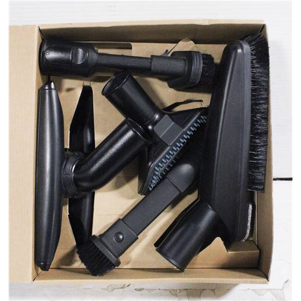 BOX OF VACUUM CLEANER ATTACHMENTS.