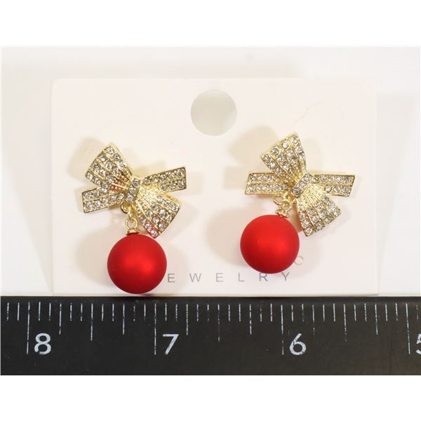 NEW GOLD TONE RHINESTONE BOW AND FAUX RED