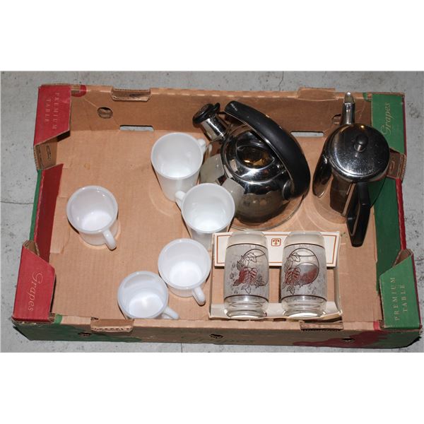 FLAT WITH WHISTLE KETTLE, MILK GLASS MUGS,