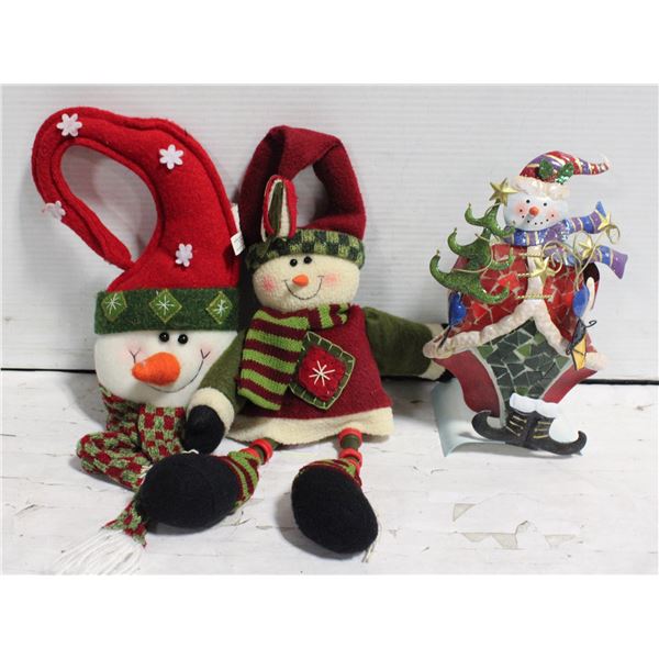 2 SNOWMAN DOOR HANGERS & METAL SNOWMAN CANDLE