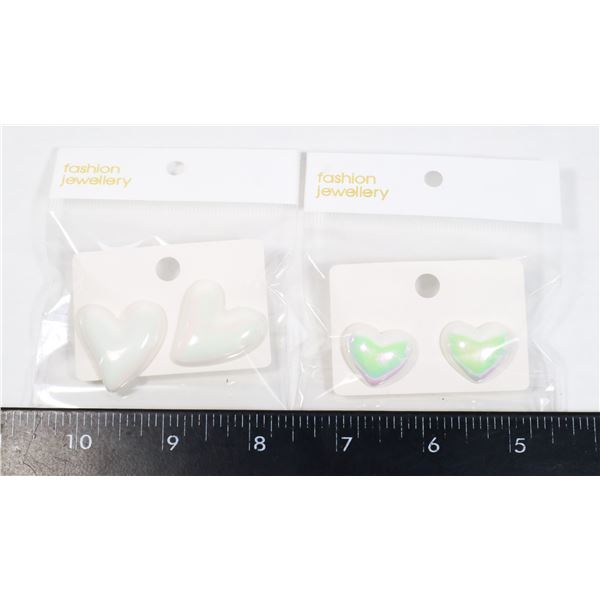 2 NEW PAIRS IRIDESCENT WHITE OF HEART DESIGN STUD