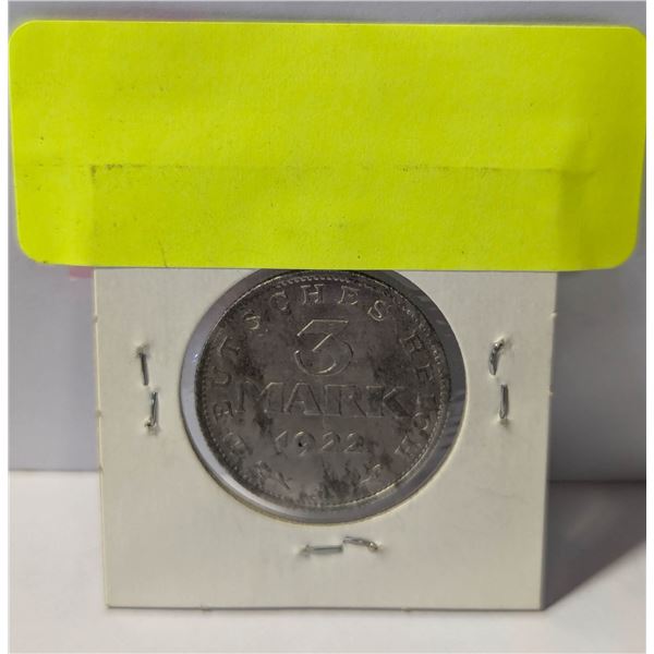 1922 A GERMANY 3 MARKS COIN