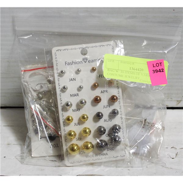 BAG W/ 10 ITEMS OF VARIOUS NEW COSTUME JEWELRY