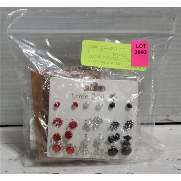 BAG W/ 10 ITEMS OF VARIOUS NEW COSTUME JEWELRY