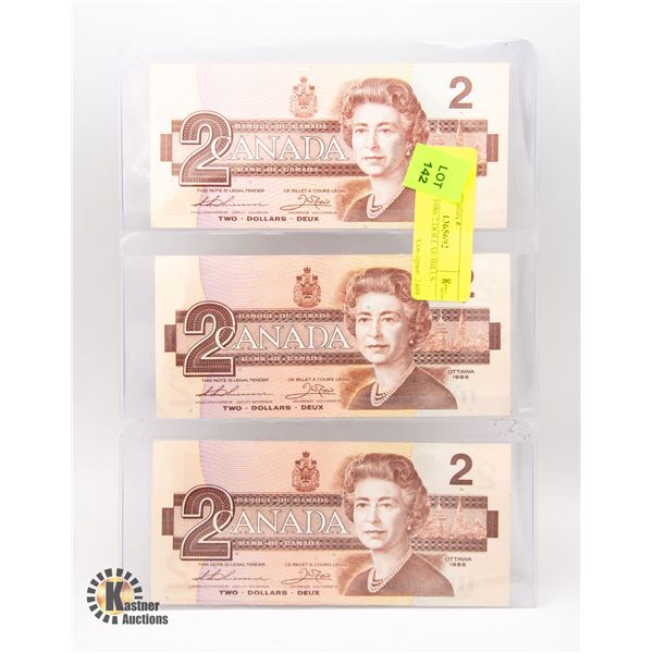 LOT OF THREE 1986 2 DOLLAR BILLS