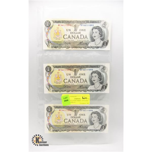 UNCIRCULATED THREE 1973 ONE DOLLAR BILLS -