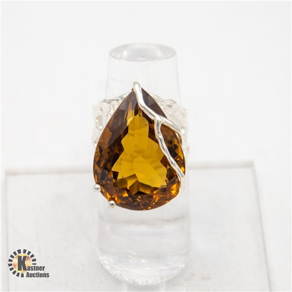 37CT CITRINE GEMSTONE .925 SILVER ART DECO RING