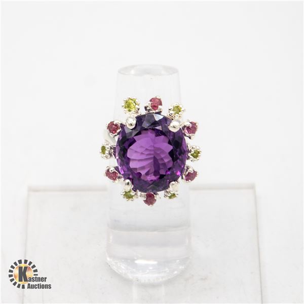 NATURAL 16CT AMETHYST GEMSTONE RING .925 SILVER
