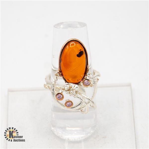 NATURAL AMBER 6CT AMBER .925 SILVER RING, SIZE 8.5